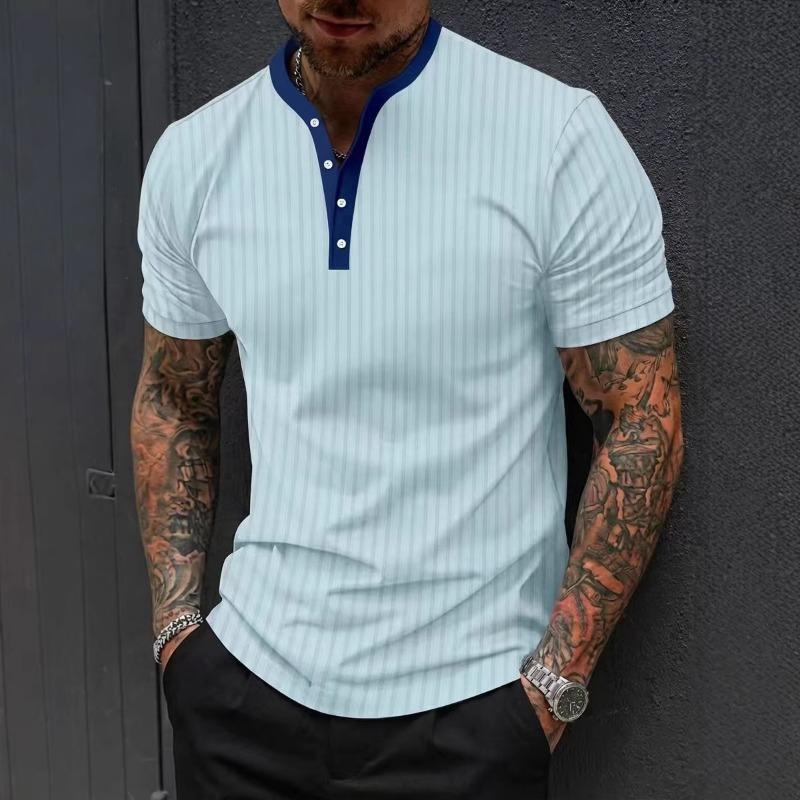 Мужская повседневная полосатая рубашка-henley с коротким рукавом и пуговицами