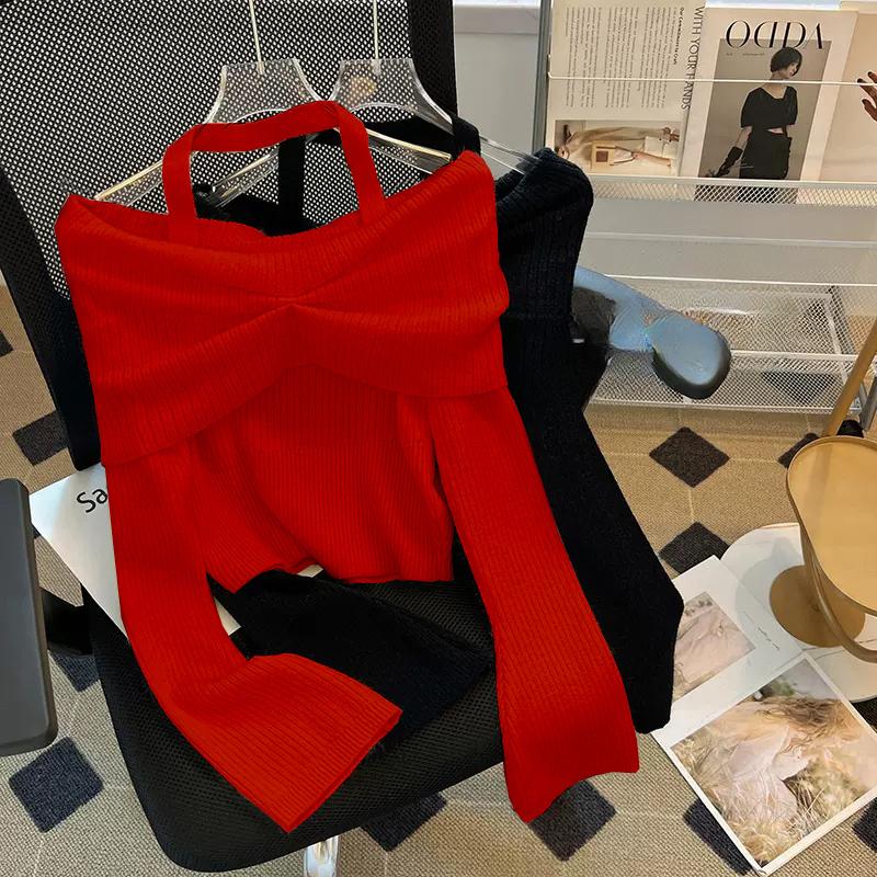 Осенне-зимние сексуальные женские свитера с разрезом на плече, с длинным рукавом, облегающие трикотажные свитера, топы, женские пуловеры с открытыми плечами, трикотажные изделия 24952