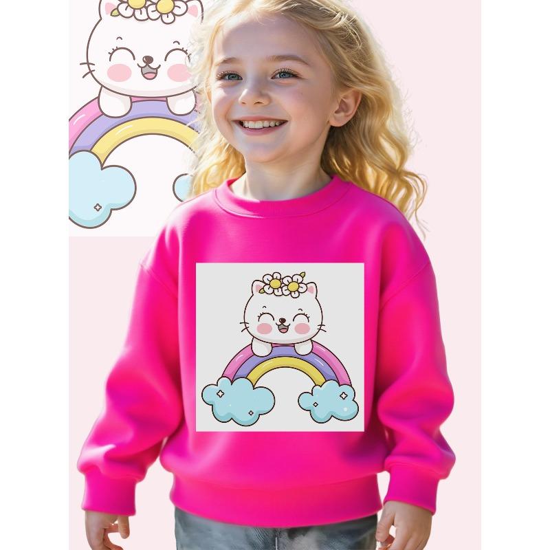 Long Sleeve Crewneck Sweatshirt Featuring a "Kawaii Cat on a Rainbow" Print for Girls And Boys - a Soft