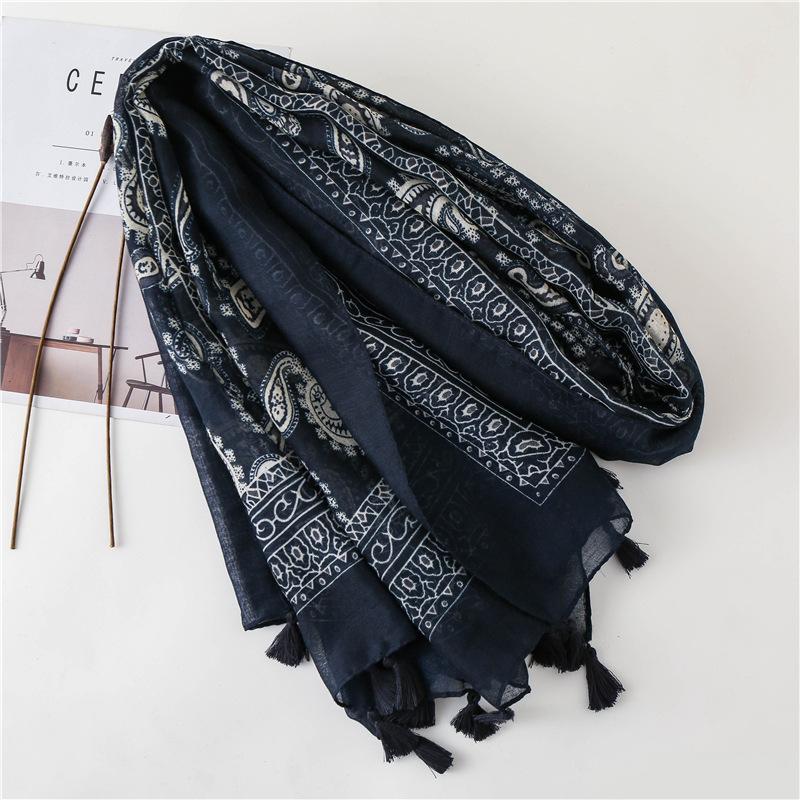 New Stylish Blue and White Wavy Scarf with Tassels for Women, Perfect for Spring and Summer, Travel, Beach, and Casual Wear