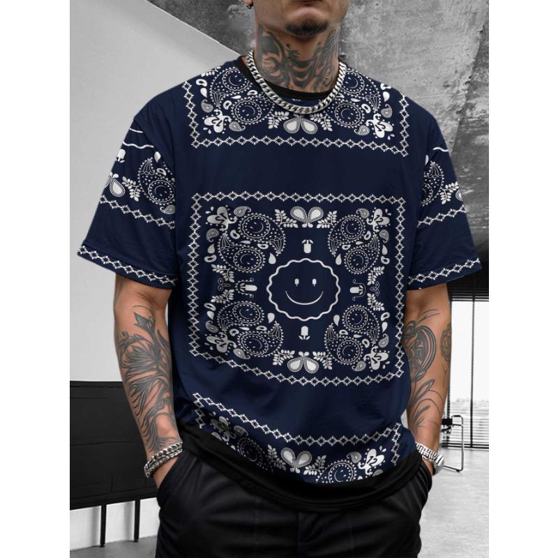Bohemian Bandana Patterned Short - Sleeve Tops Summer Round Neck 3D Print Fashionable Casual Men's T-shirts