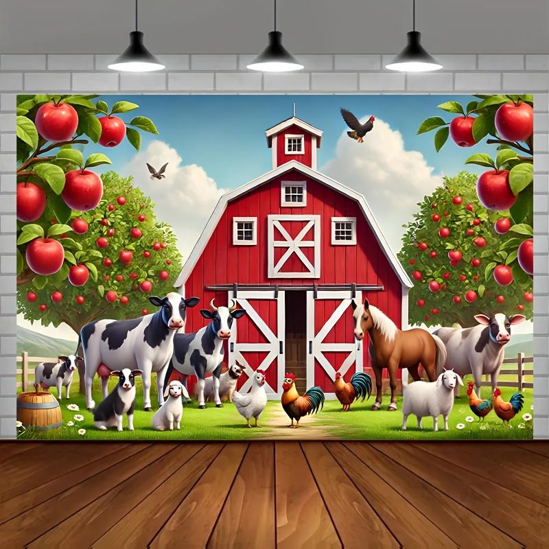 2D plane 1 farm scene featuring a red barn and various farm animals with a vibrant polyester background fabric