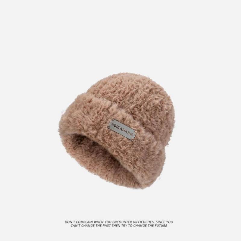 Cute Bear Wool Hat Women's Winter Thickened Plush Warm Plush Bald Hat Autumn and Winter Big Head Circumference Knitted Hat