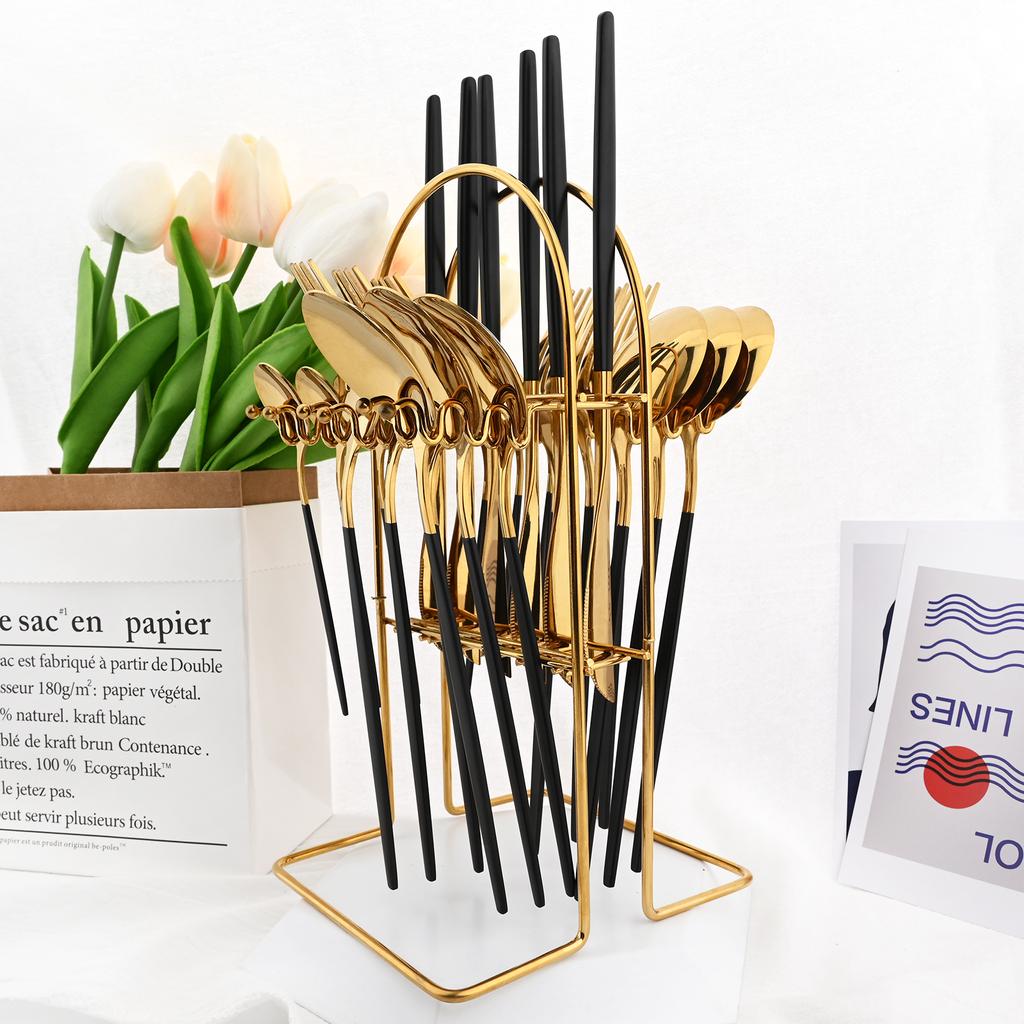 24 шт., набор столовой посуды из черного золота, набор столовых приборов из нержавеющей стали, кухонная вилка, нож, ложка, набор столовых приборов, набор столовых приборов, столовые приборы, подставка для столовых приборов