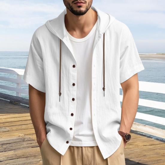Men's Linen Hooded Shirt Solid Color Short Sleeve Shirt Loose Fit Button