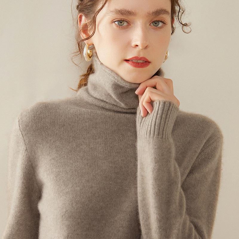100% Cashmere Women's High Neck Slim Fit Sweater - Autumn/Winter Fashion Versatile Base Layer