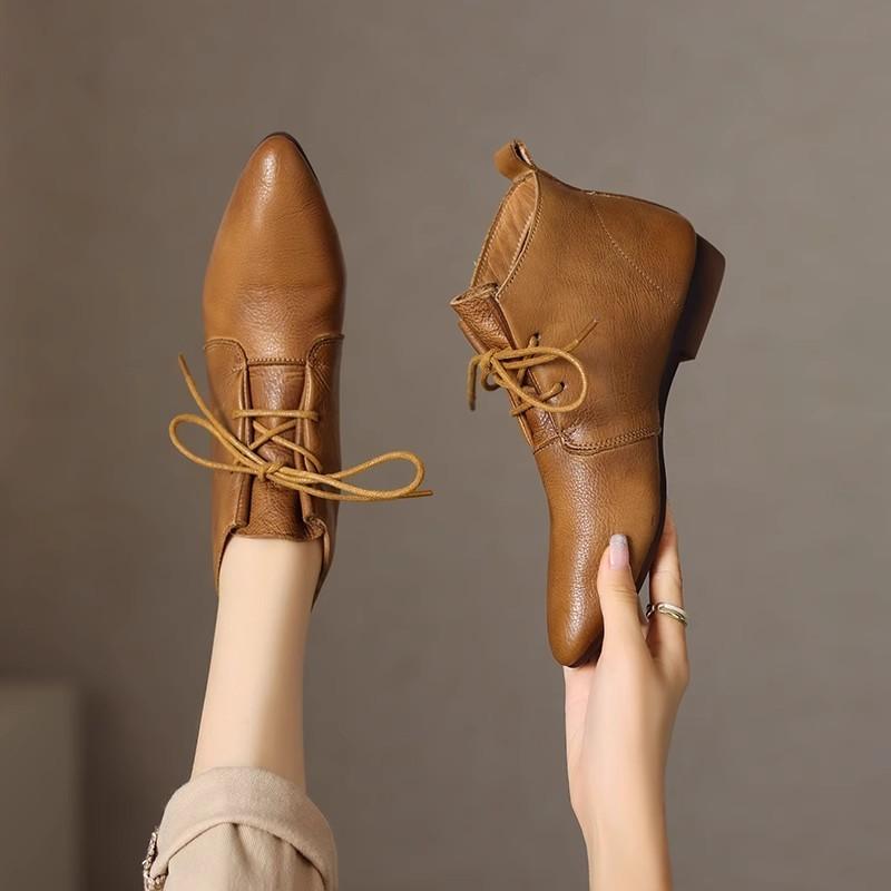 Fashion British Style Lace Up Boots for Women 2024 Winter New Women's  Soft Casual Leather Shoes Simple and Versatile Ladies