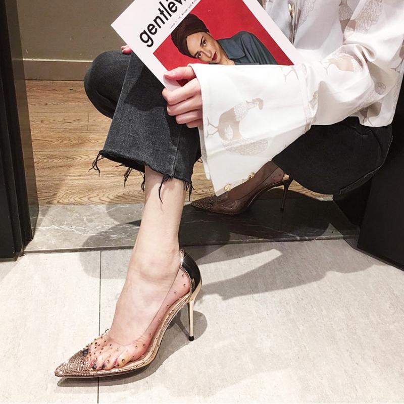 Fashion Wedding Shoes Women High Heels Luxury Rhinestone Women's Pumps Pointed Toe Thin Heels Women Shoes Transparent Crysta Dress Shoes