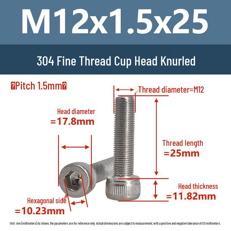 Yigu Fine Thread Knurled Socket Head Screws, 304 Stainless Steel, M3-M12