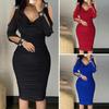 2024 Women Sheath Dress Hollow Out Pleated Deep V Neck Solid Color Knee Length Bodycon Tight Elastic Soft Party Club Mini Dress