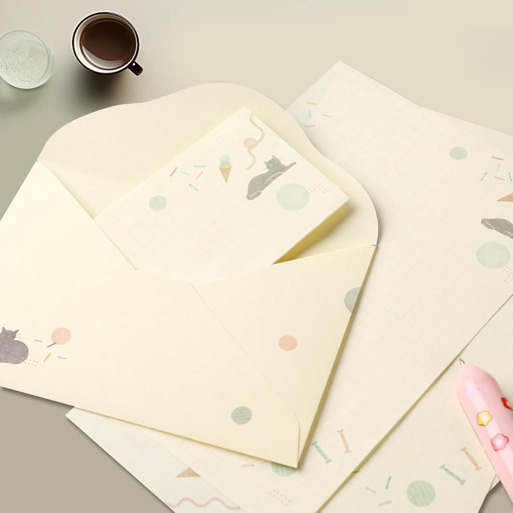 37 Pcs Stationery Paper Envelopes Set Includes 24 Lined Writing Paper & 12 Envelopes with 48 Round Stickers, Cute Bear Flower Cat Letter Writing and