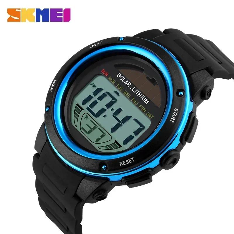 SKMEI 1096 Цифровые часы reloj hombre Наручные часы для спорта на открытом воздухе Мужские Солнечные с PU ремешком Мужские Хронограф Будильник 5 Бар Водонепроницаемые