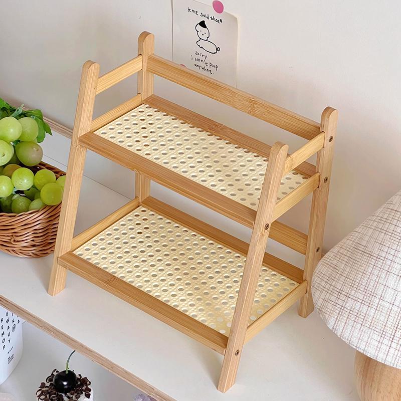 1Set Storage Rack Work Display Rack Kitchen 2-layer Bedroom Cup Holder Vine Weaving Storage Rack