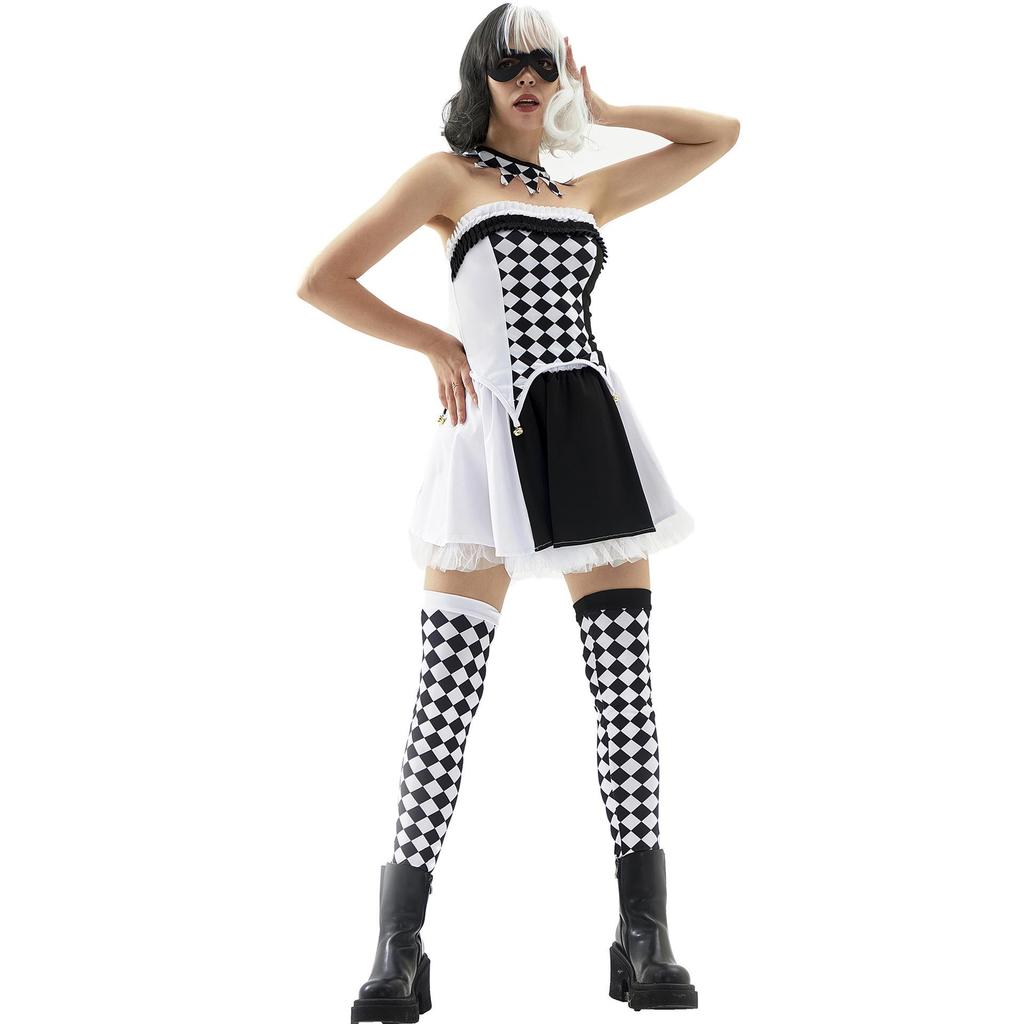 S-XL Drag Queen Vampire Clown Plaid Harlequin Halloween Demon Costume