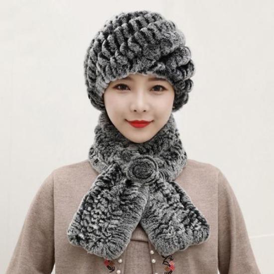 Winter Knitted Natural Fur Hats Scarves Sets Women Warm Real Rex Rabbit Fur Hat Scarf Lady Fashion Thick Rex Rabbit Fur Hat