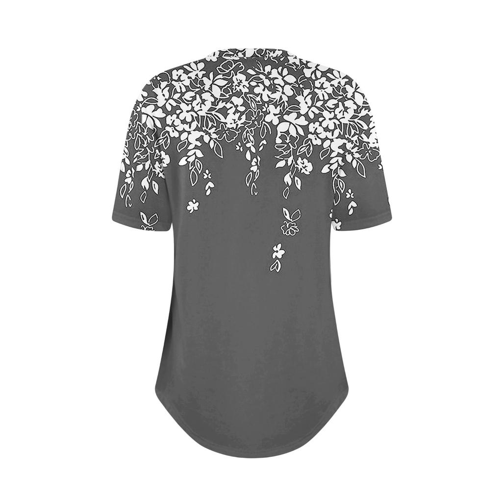 Short Sleeve Womens Tops Summer T-Shirts Floral Print V Neck Casual Basic Tee Button Shirts Tunic Tops
