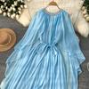 Элегантный горный хрусталь О-образный вырез шнуровка винтажный плащ рукав шикарный шифон тонкий длинный плиссированные платья мода женщины High Street одежда