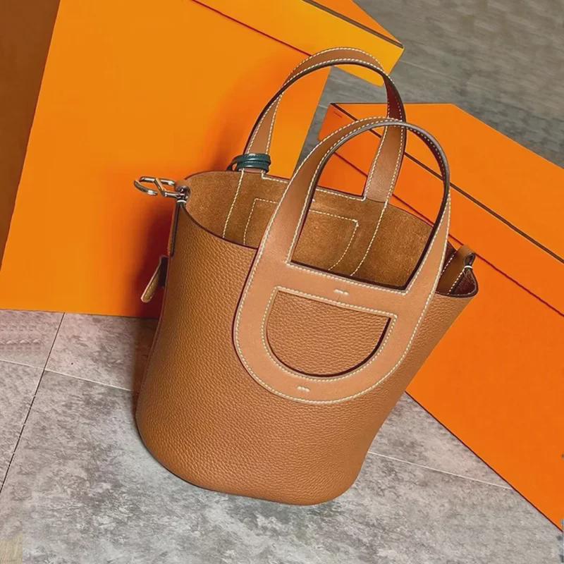 2023 Женская сумка-ведро большой вместимости Pig Nose, первый слой из коровьей кожи, стиль Commuter