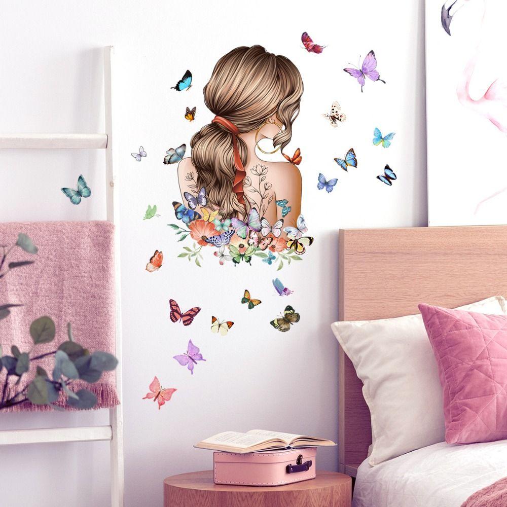 Cartoon Girl Wall Stickers Butterflies Flower Wall Decorative Sticker NEW Wall Decal Girl Bedroom