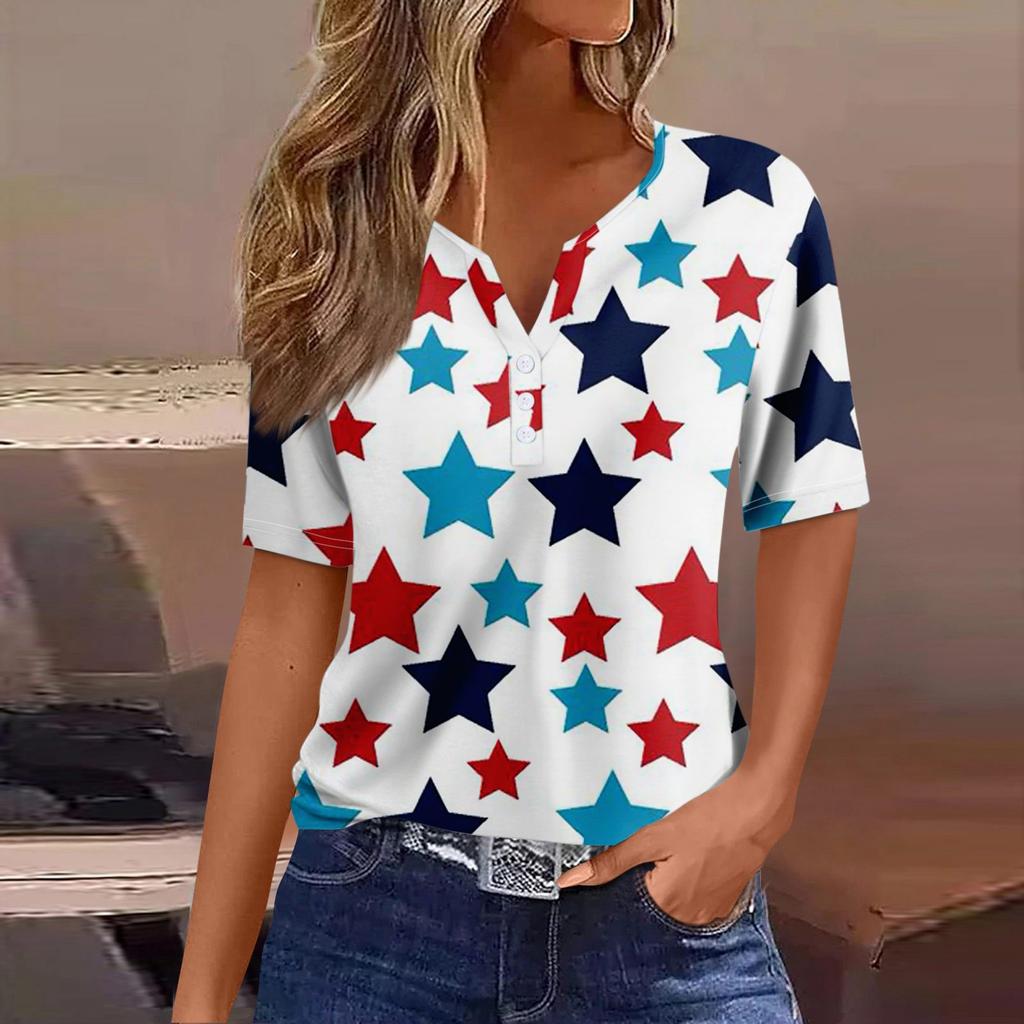 Жен. Футболка Футболка День независимости С принтом Пуговицы С короткими рукавами Повседневные Выходные Мода Классический Классический V-образный вырез Обычный Топ