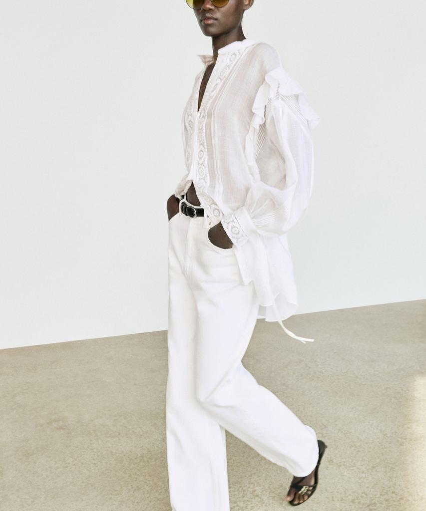 Masimodutti Blouse With Stand Collar Embroidery And Ruffle Details