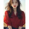 Стильная красная блузка с пышными рукавами для женщин миниатюрного роста, летняя, повседневная, универсальная женская блузка