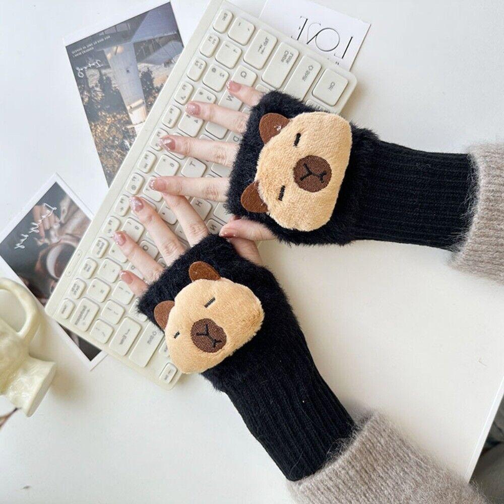NEW Half Finger Capybara Knitted Gloves Solid Color Thickened Warm Gloves Women Mittens Ladies Plush Half Finger Gloves