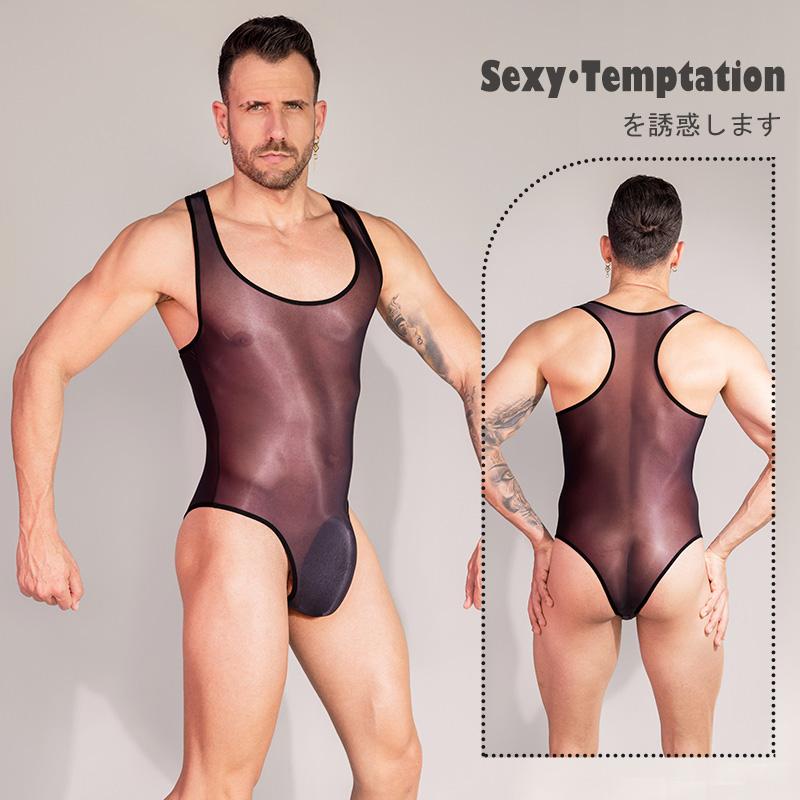 Sexy Bodysuit Oil Glossy Sheer Bodysuit Men Sleeveless See Through Jumpsuit Playsuit Male Undershirt Adult XXX Sex Porno Costume
