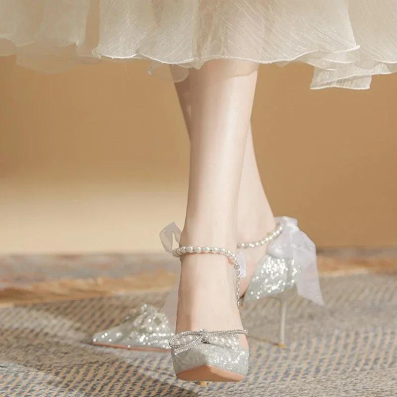 Fashion Women High Heeled Sandals Summer Fashion Bow Pearl Woman Pointed Toe Pumps Elegant Woman Sandals Party Lady Shoes