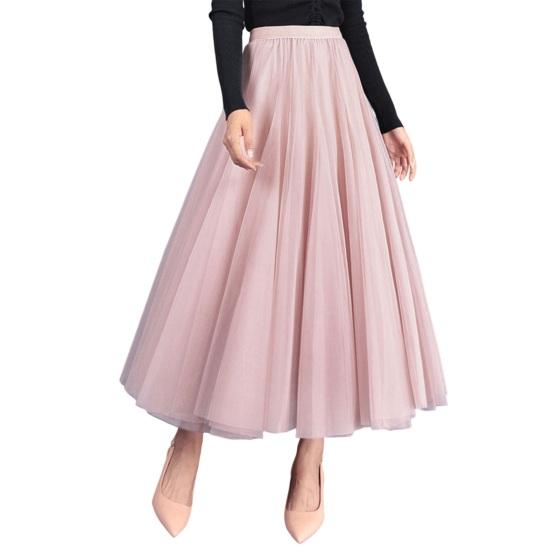 Women Midi Skirt Elastic High Waist Long Skirt with Solid Mesh Hem Solid Color A-Line Skirt Daily Wear