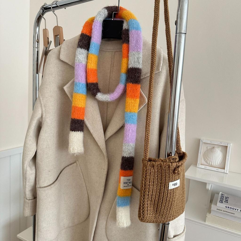 Korean Y2K Striped Scarf Knitted Wool with Colorful Splicing Contrast Long Narrow Scarves Sausage Thin Scarf Winter Scarves Wrap