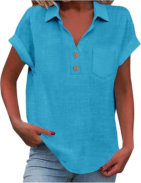 Европейская женская хлопково-льняная рубашка с коротким рукавом, отложным воротником и пуговицами