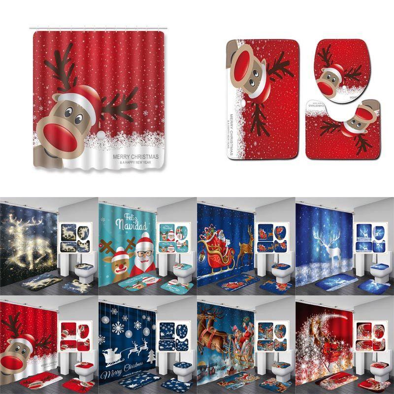 Festive Christmas Shower Curtain Toilet Seat Cover Mat Pads Rug Set For Beautiful Bathroom Transformation