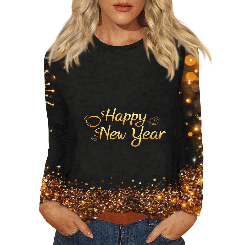 Women's Loose Comfortable Casual Fashion Round Neck New Year Printed Long Sleeve Top