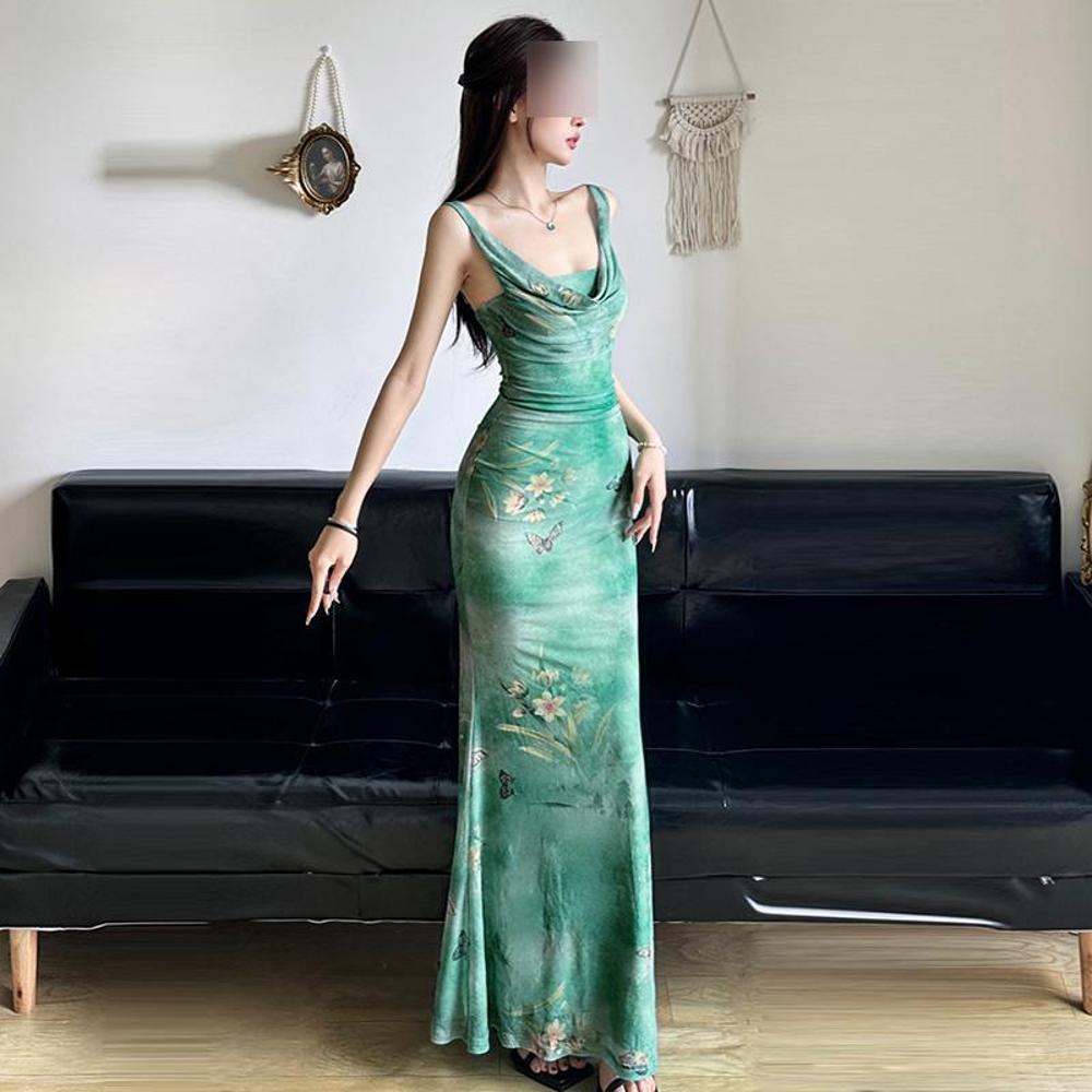 Французская Spice Girl Весенний карман на груди Воротник Талия Облегающая Юбка Годе Длинная юбка Мори Размытый принт бабочки Сетчатый сарафан