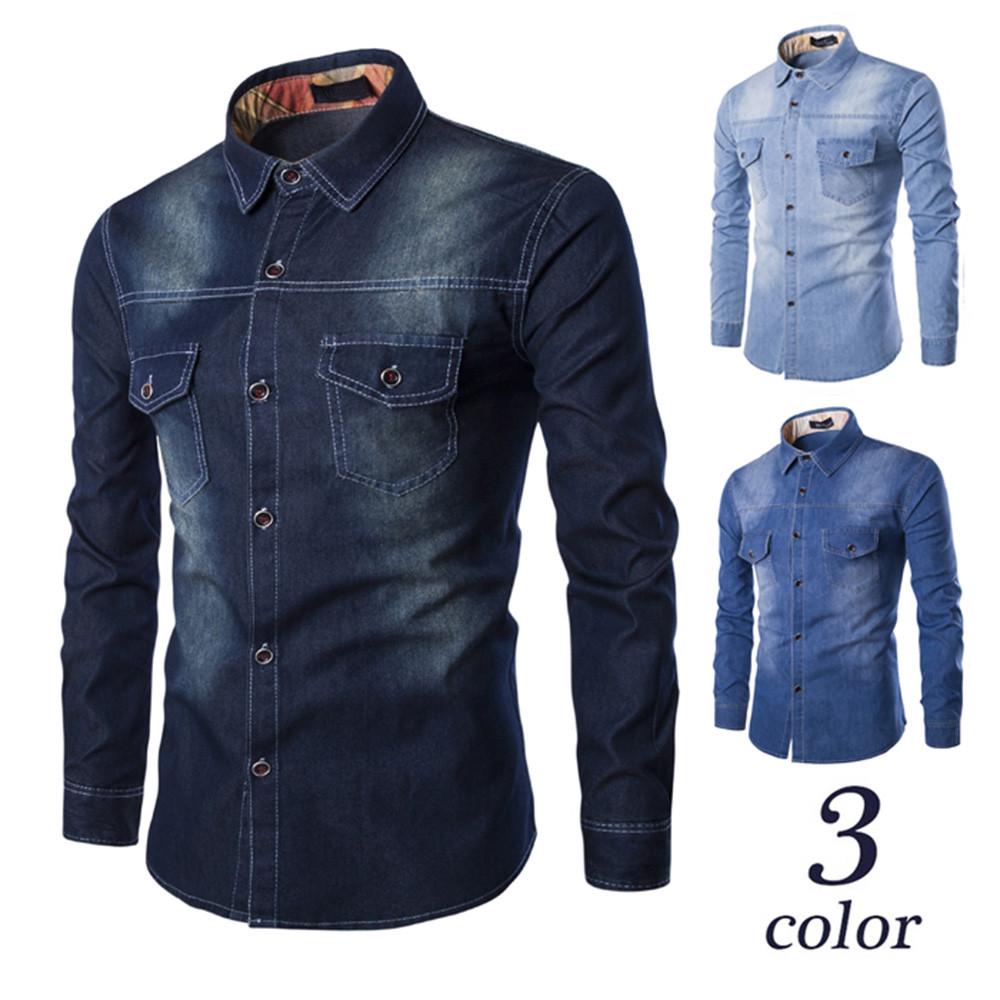 Men's  Casual Fashion Slim Fit Denim Cotton Long Sleeve Shirt Top Blouse
