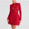Long-sleeved See-through Dress Skirt Ladies Red and Black Dress Dress Slim Fashion Long Wedding Party Can Wear Dress