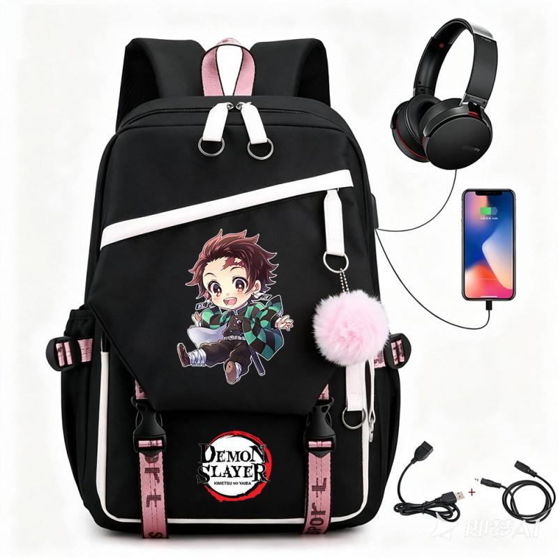 Anime Printed Canvas Backpack With USB Charging Port Teens Students School Travel Unisex
