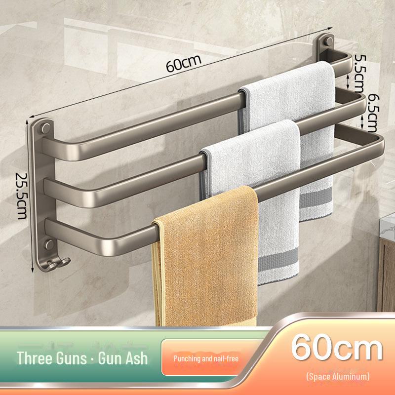 Gunmetal Gray Punch-Free Space Aluminum Towel Rack with Double Rods for Bathroom Storage.