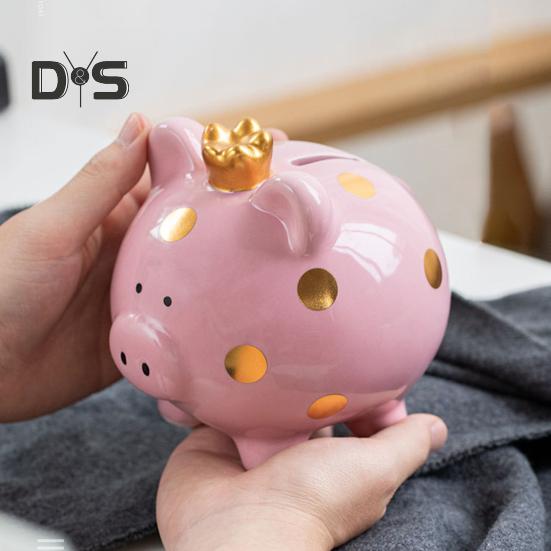 Ceramic Crown Pig Piggy Bank Golden Dot Cartoon Pig Coin Money Bank Home Office Bookshelf Desktop Decoration Ornament Kids Adults Gift