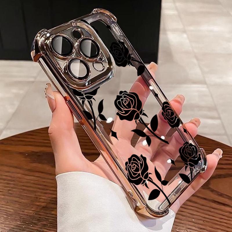 Новый Прозрачный Чехол-Бампер с Покрытием Черной Розой Anti-Knock для iPhone 15 16 Pro Max 17 Air 11 12 13 14 Plus 15promax