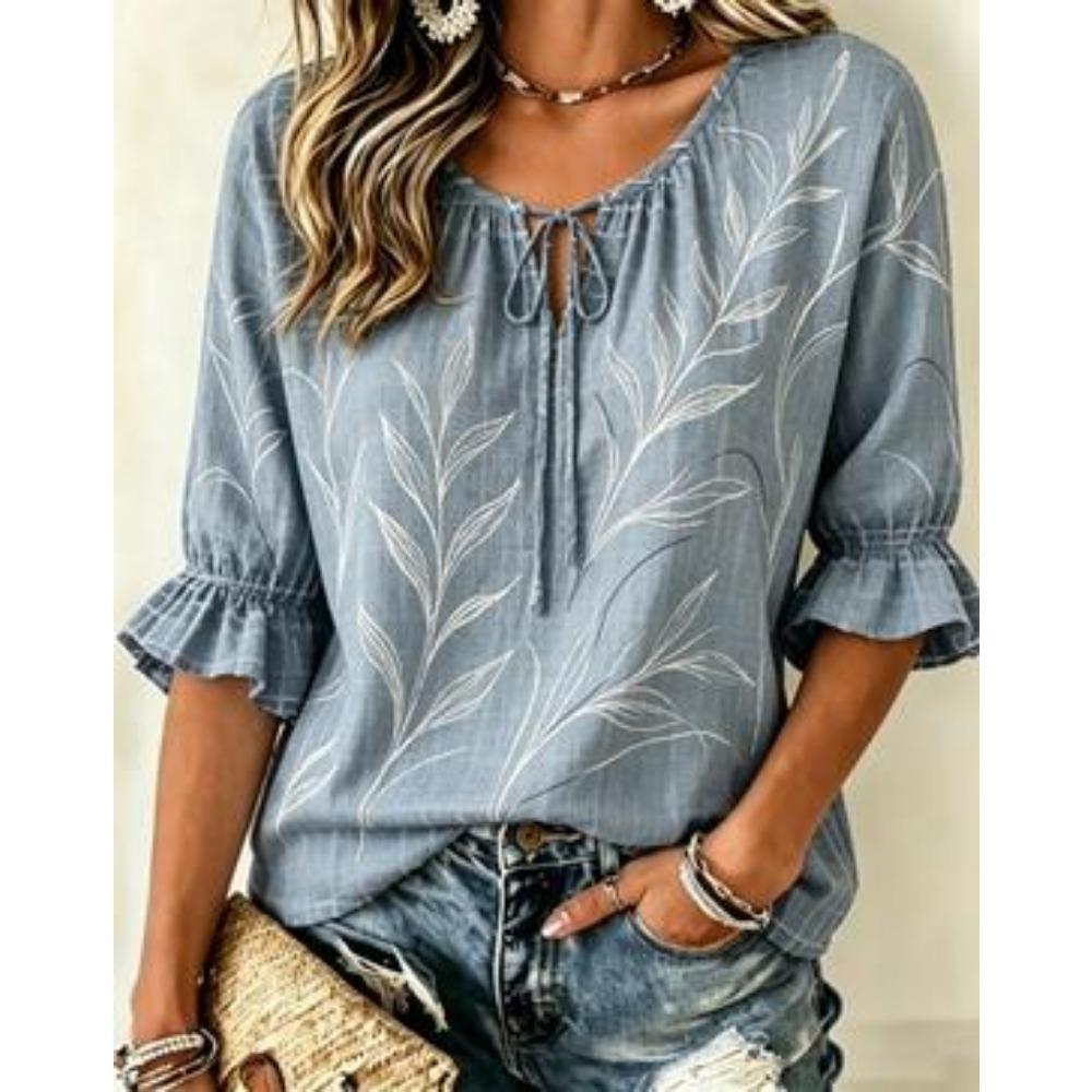 Women's Tribal Geometric Triangle Print Tie Neck Blouse, Ruffle Half Sleeve Top for Boho Earthy
