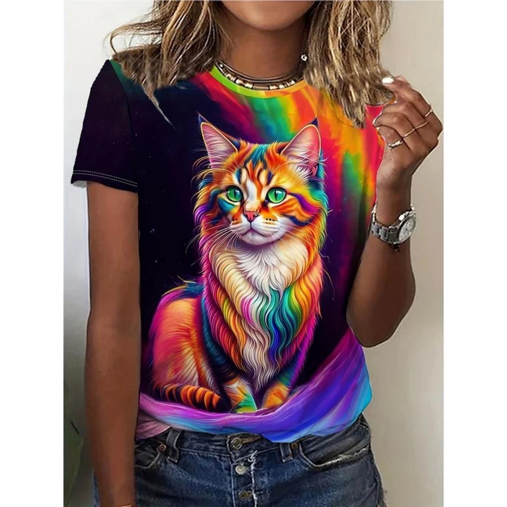 2025 Summer New Women's 3D Digital Printed T-shirt Creative Animal Pattern Round Neck Casual Short Sleeve Loose Fashion Top
