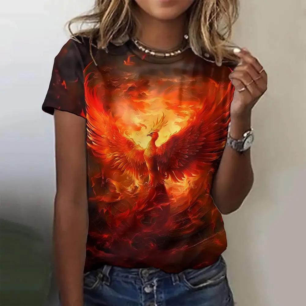 Летняя женская футболка с модным узором «Феникс», топ с короткими рукавами, свободный топ с круглым вырезом, женская футболка для вечеринок
