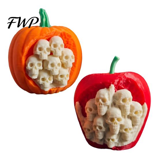 Halloween Table Decor Skull Pumpkin Apples Statue, 3D Printed Spooky Figurine with Decorative Fruit Shells Embedded Skulls, Dark Gothic Tabletop