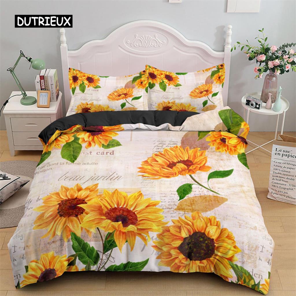 Пододеяльник Подсолнух Желтый Цветок Комплект постельного белья Фермерский Зеленый Листья Цветочный Покрывало для Женщин Девочек Украшения Для Спальни