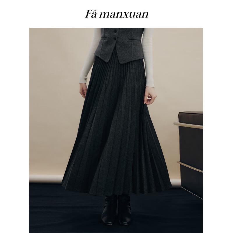 FAMANXUAN Французская ретро юбка-миди А-силуэта из смесовой шерсти, плиссированная, с высокой талией