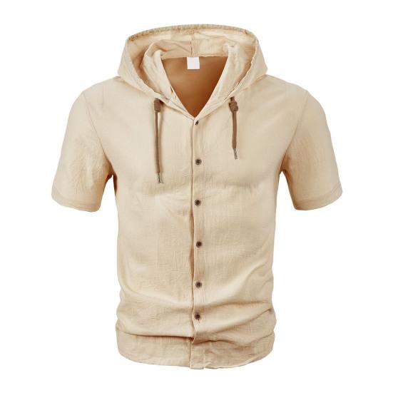 Men's Linen Hooded Shirt Solid Color Short Sleeve Shirt Loose Fit Button