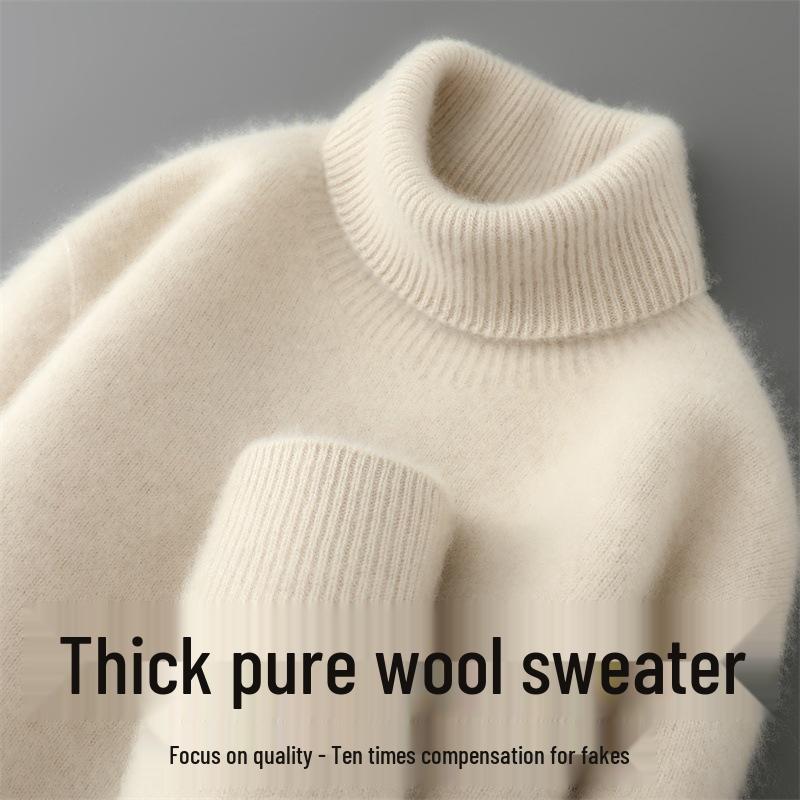 Men's High-Neck 100% Pure Wool Sweater: Thick Long-Sleeve Pullover for Autumn/Winter, Loose Fit Knitted Base Layer.