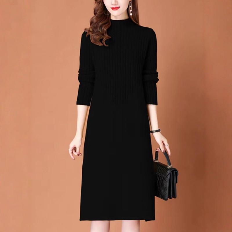 Womens Mid-Length Knit Dress Half Turtleneck Long Sleeve Slim Fit Over Knee Sweater Fall Winter